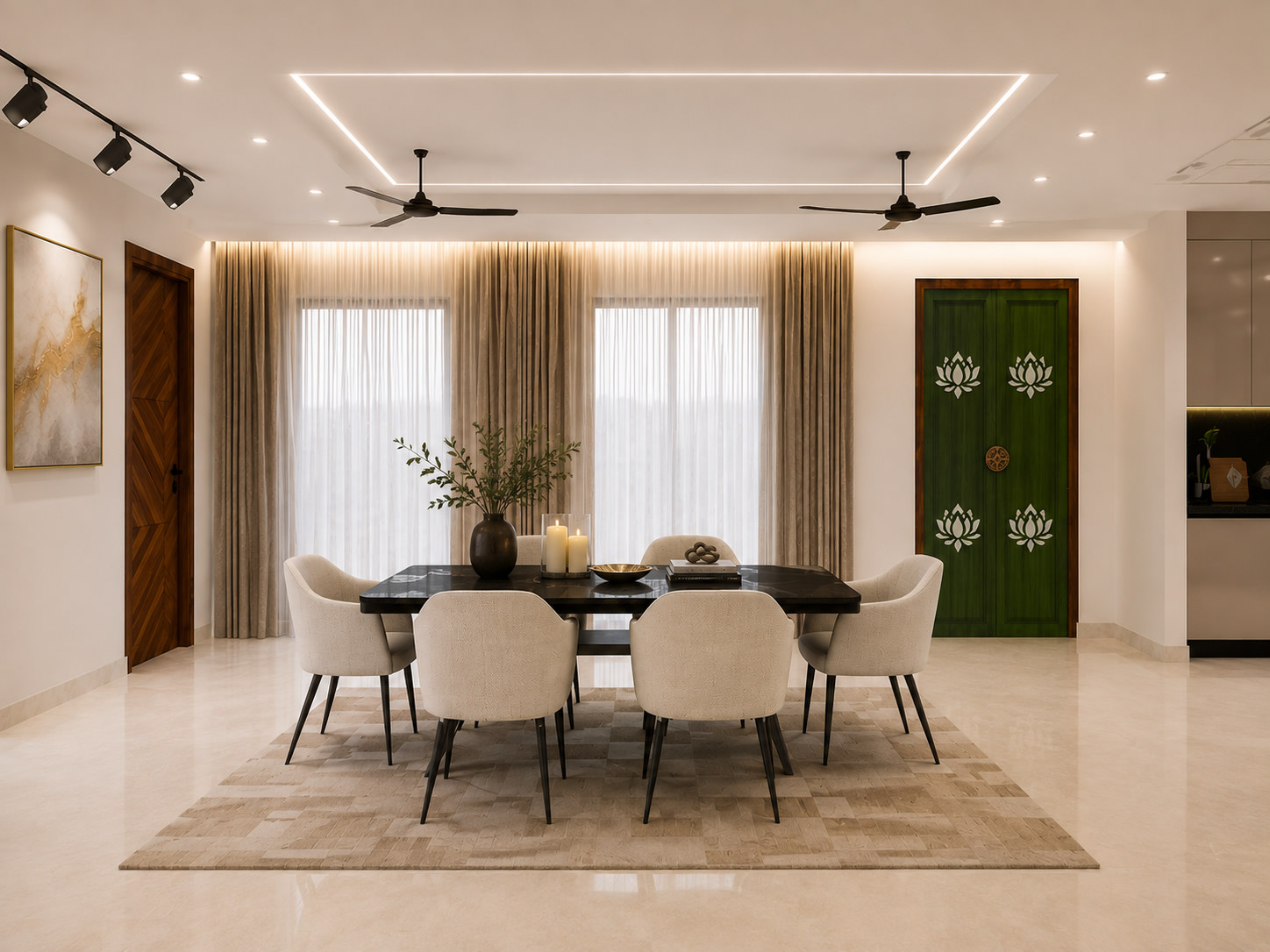 Dining room with green carved doors