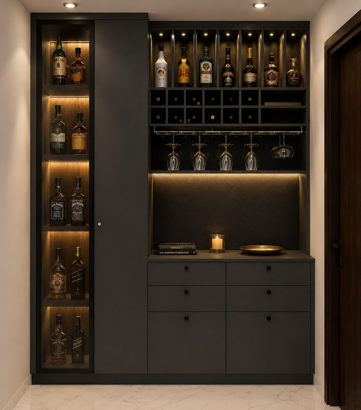 Built-in charcoal bar and wine unit