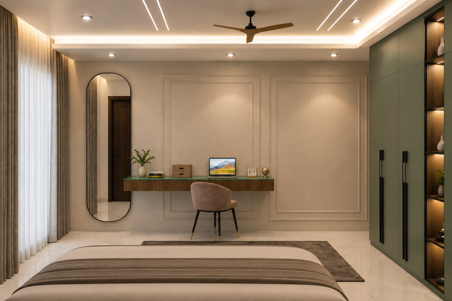 Bedroom with study desk and green wardrobe