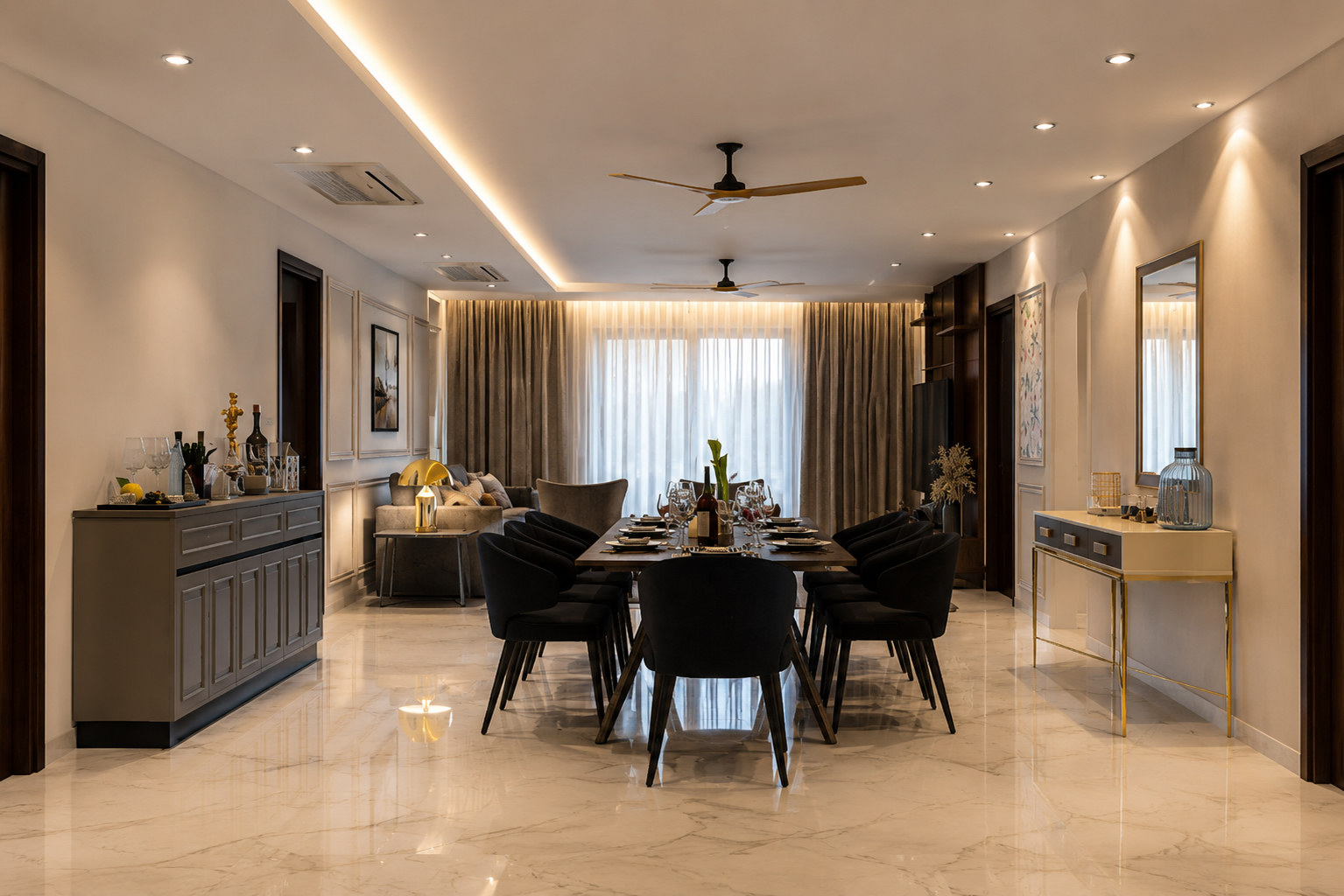 Formal dining room with black chairs