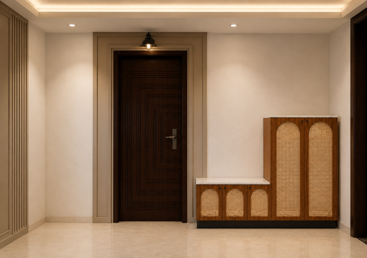 Foyer with dark wood door and cane shoe cabinet