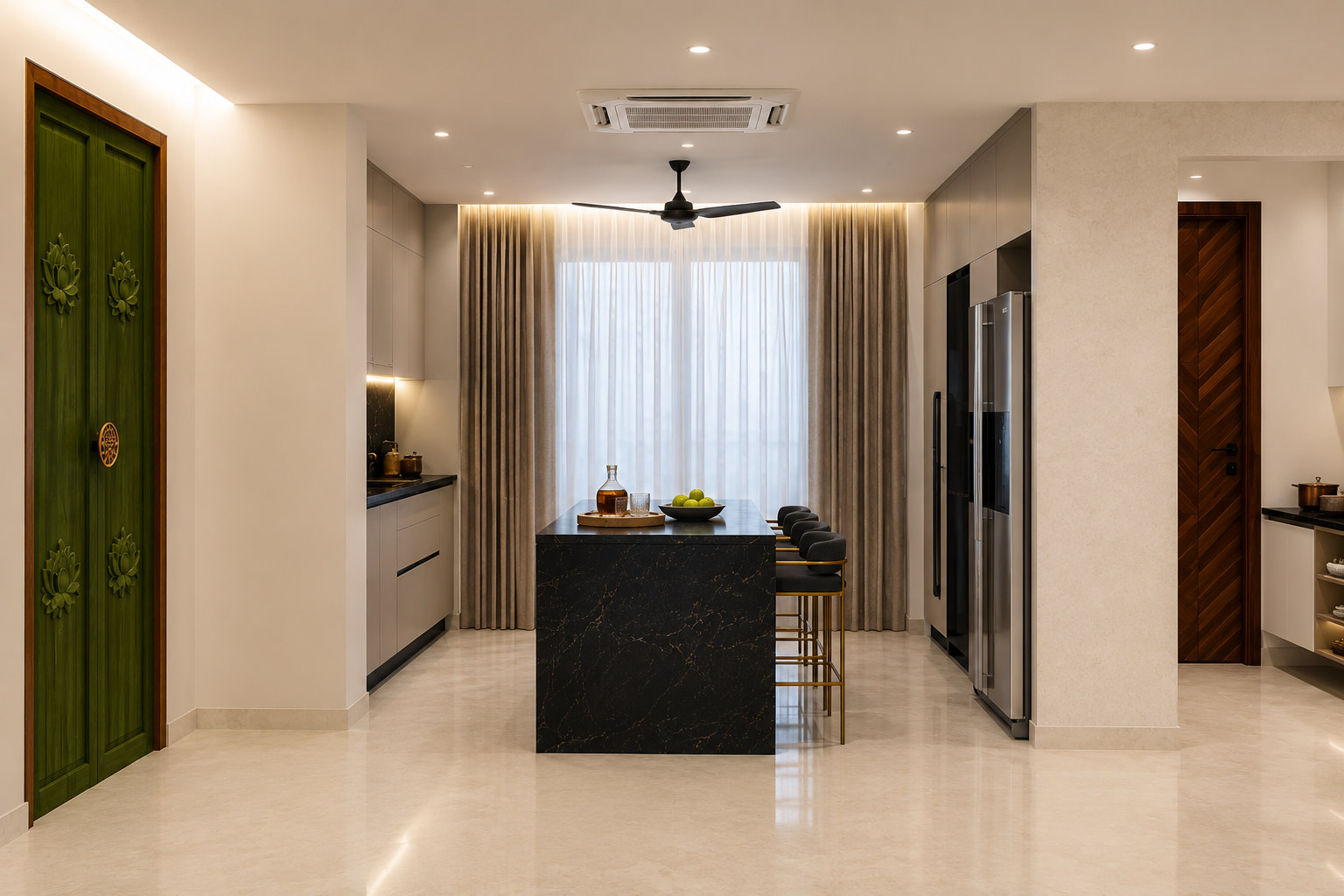 Modern kitchen with black island