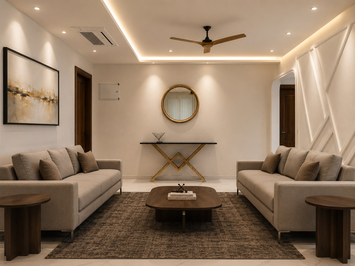 Living room with dual beige sofas