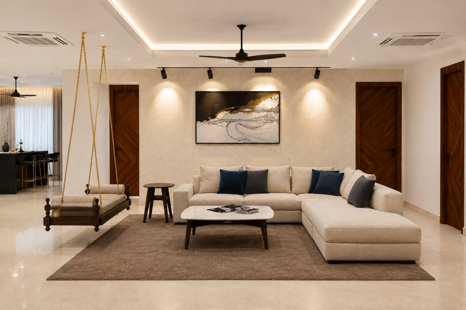 Living room with L sofa and hanging swing
