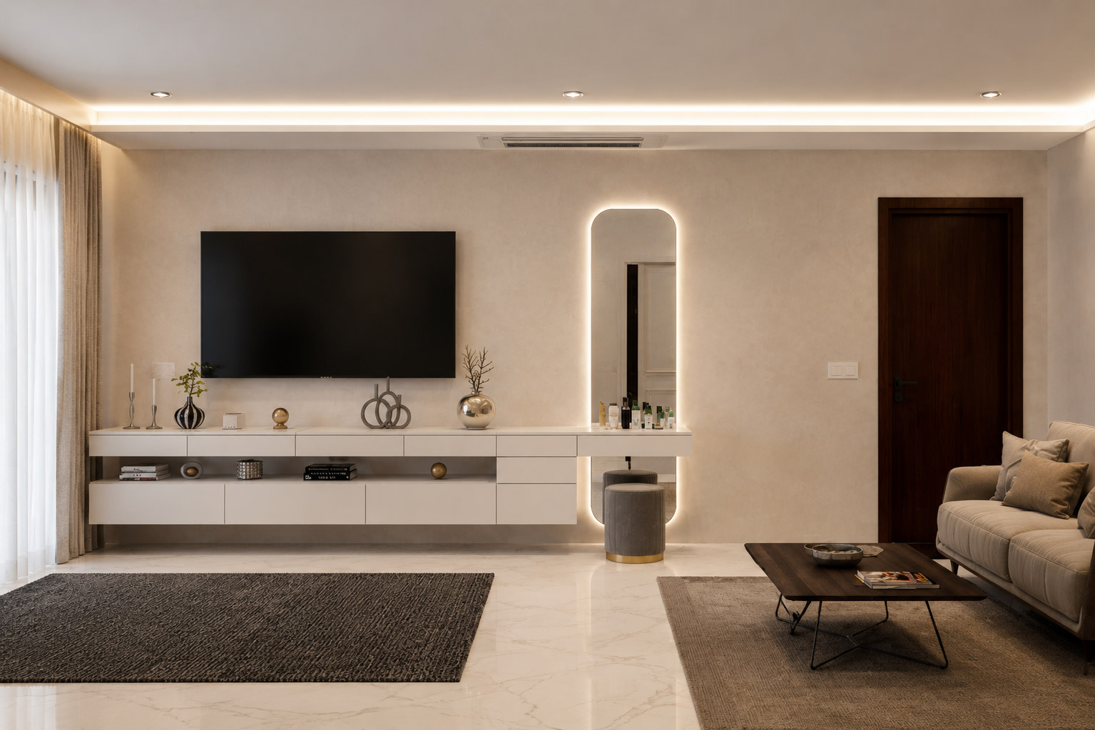 Living room with TV unit and lit vanity mirror