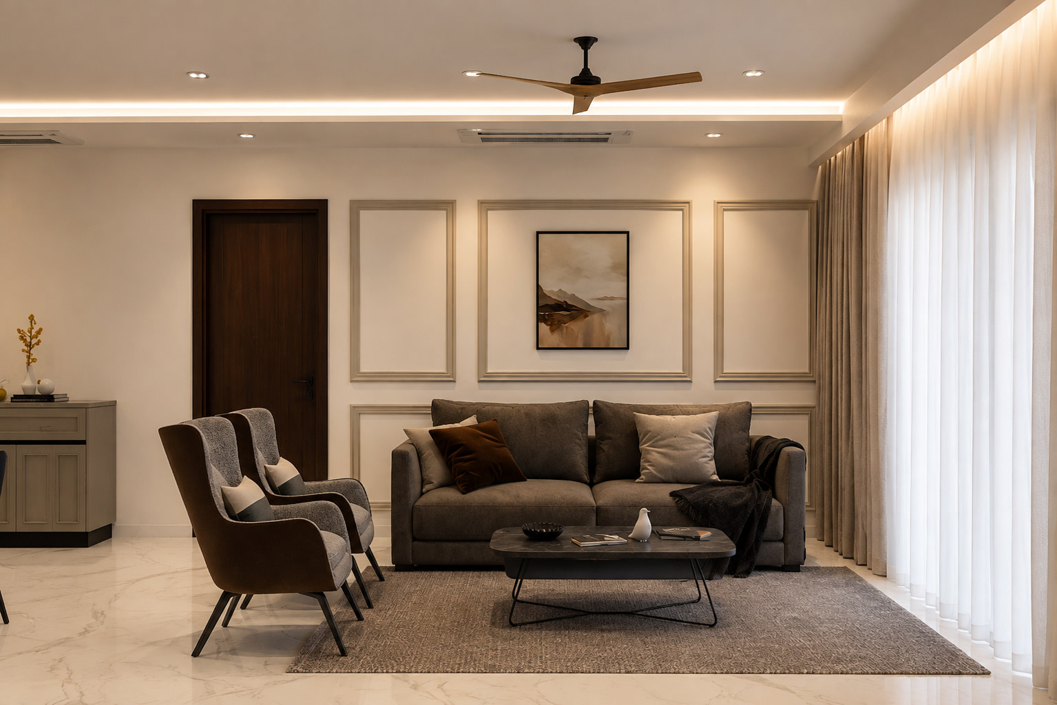 Living room with wall panelling and grey sofa