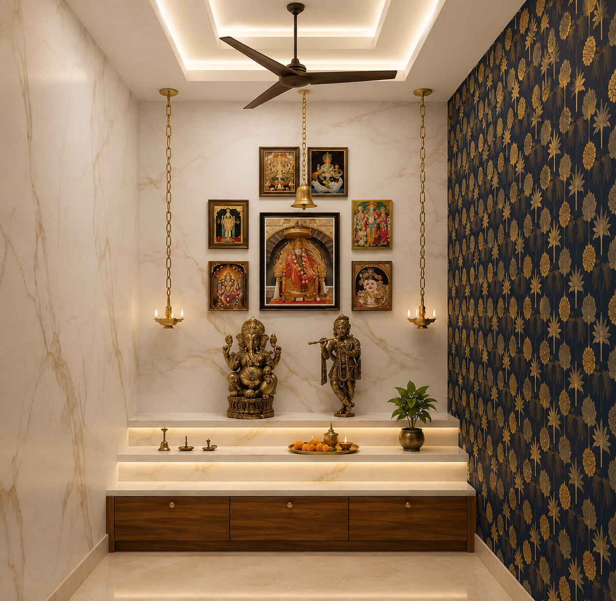 Marble mandir niche with brass idols