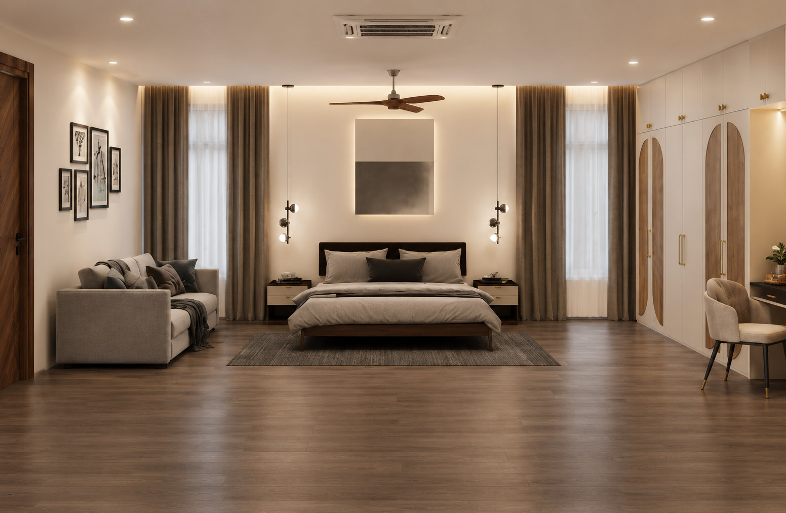 Master bedroom with white wardrobe suite
