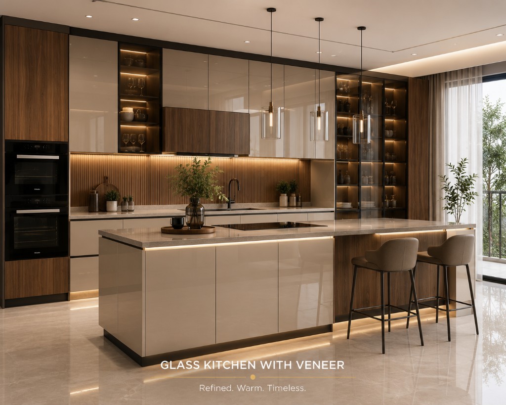 Beige veneer glass acrylic kitchen