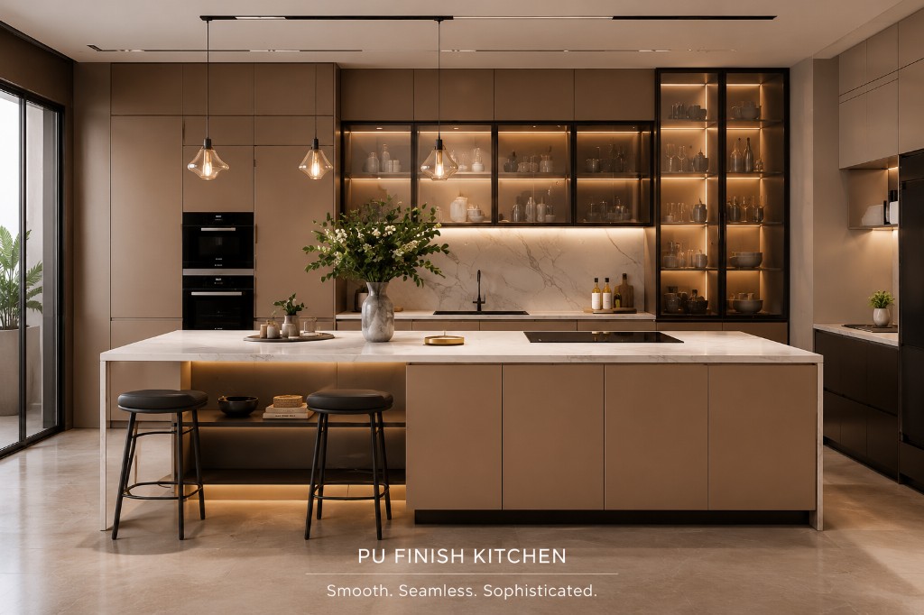 Warm PU handleless kitchen with island