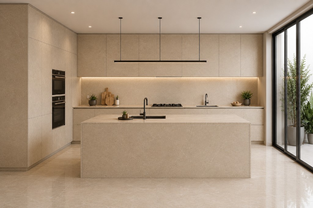 Monolithic beige handleless kitchen