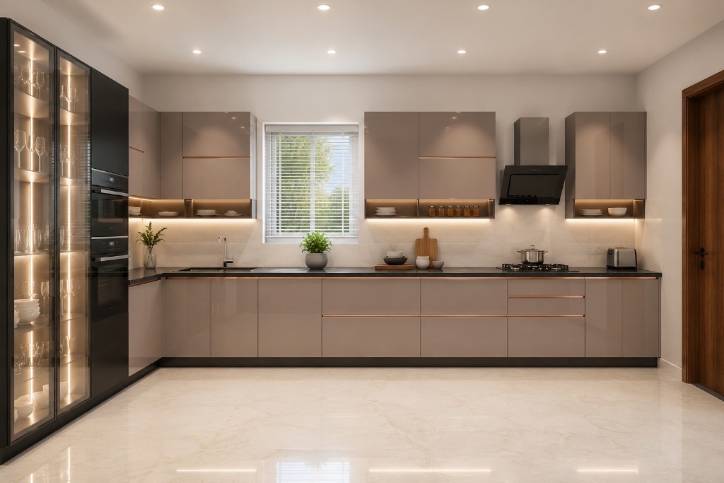 Taupe rose-gold handleless kitchen