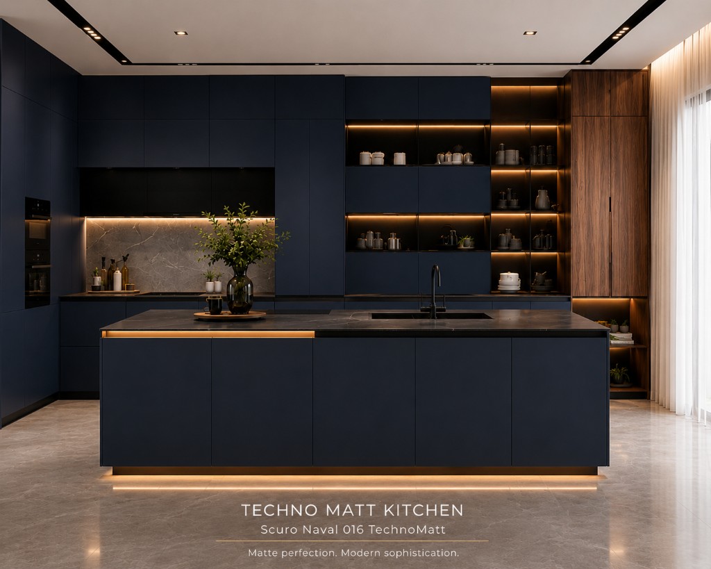 Scuro Naval techno matt handleless kitchen with lit island