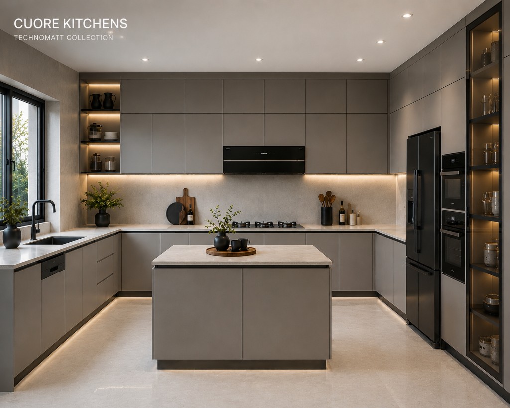 Grey technomatt handleless kitchen with island and lit glass