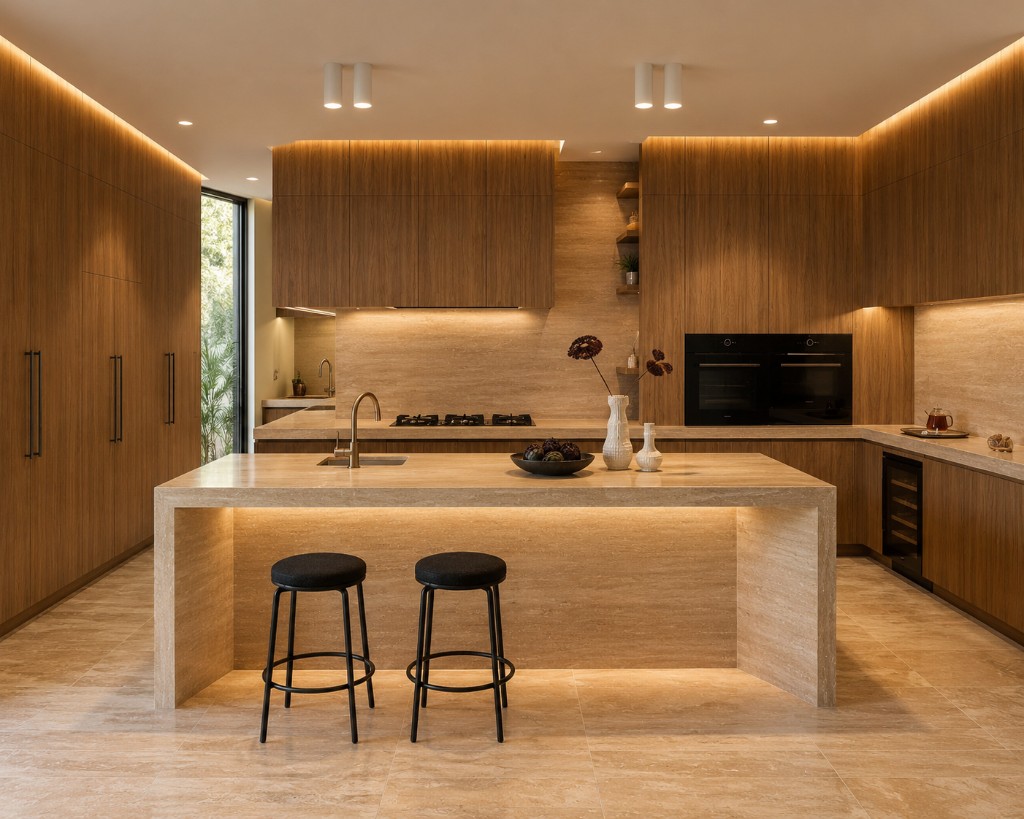 Walnut stone waterfall handleless kitchen