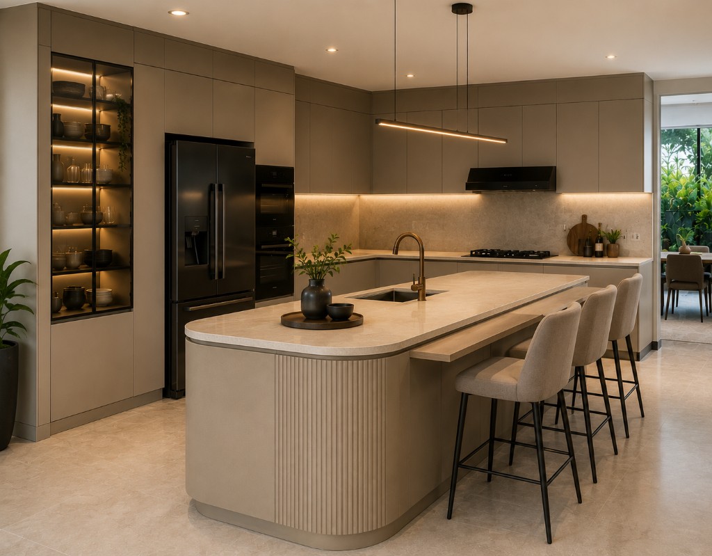 Taupe Fluted Island Technomatt kitchen