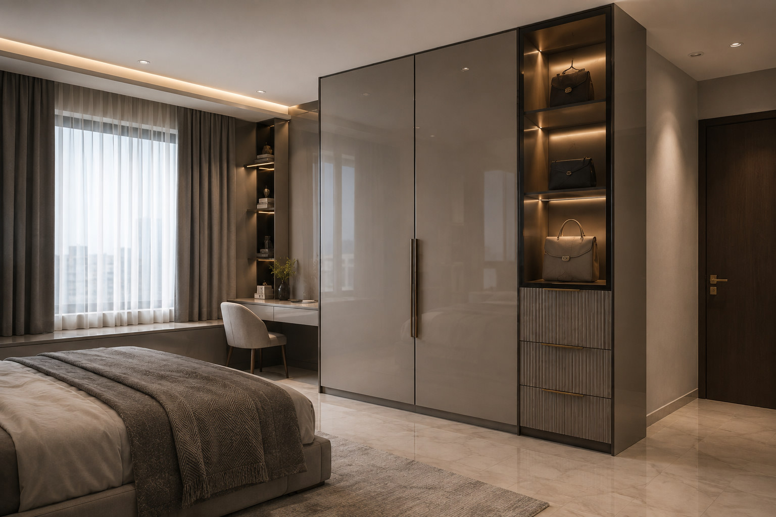 Taupe gloss acrylic wardrobe with open shelves