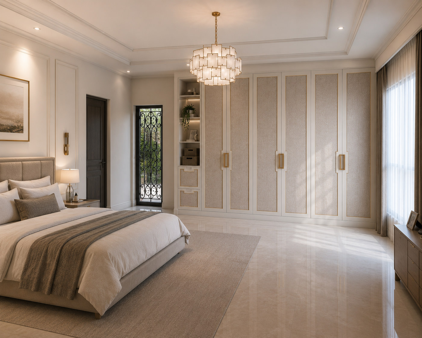 Cream patterned laminate wardrobe with gold trim