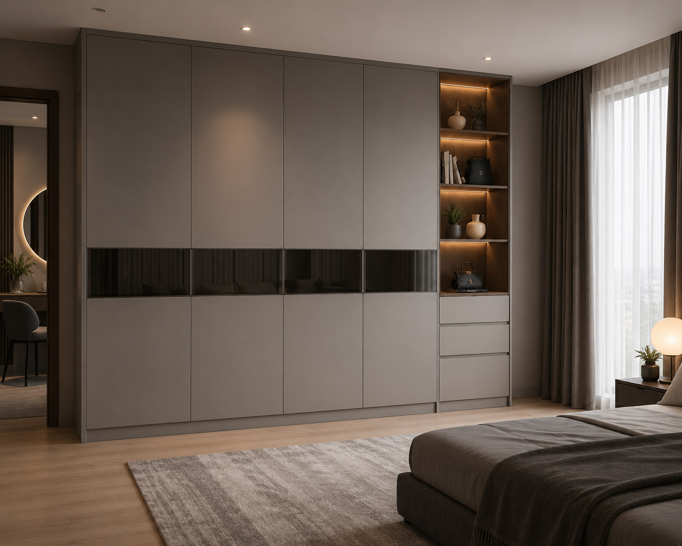 Taupe Technomatt wardrobe with glass band