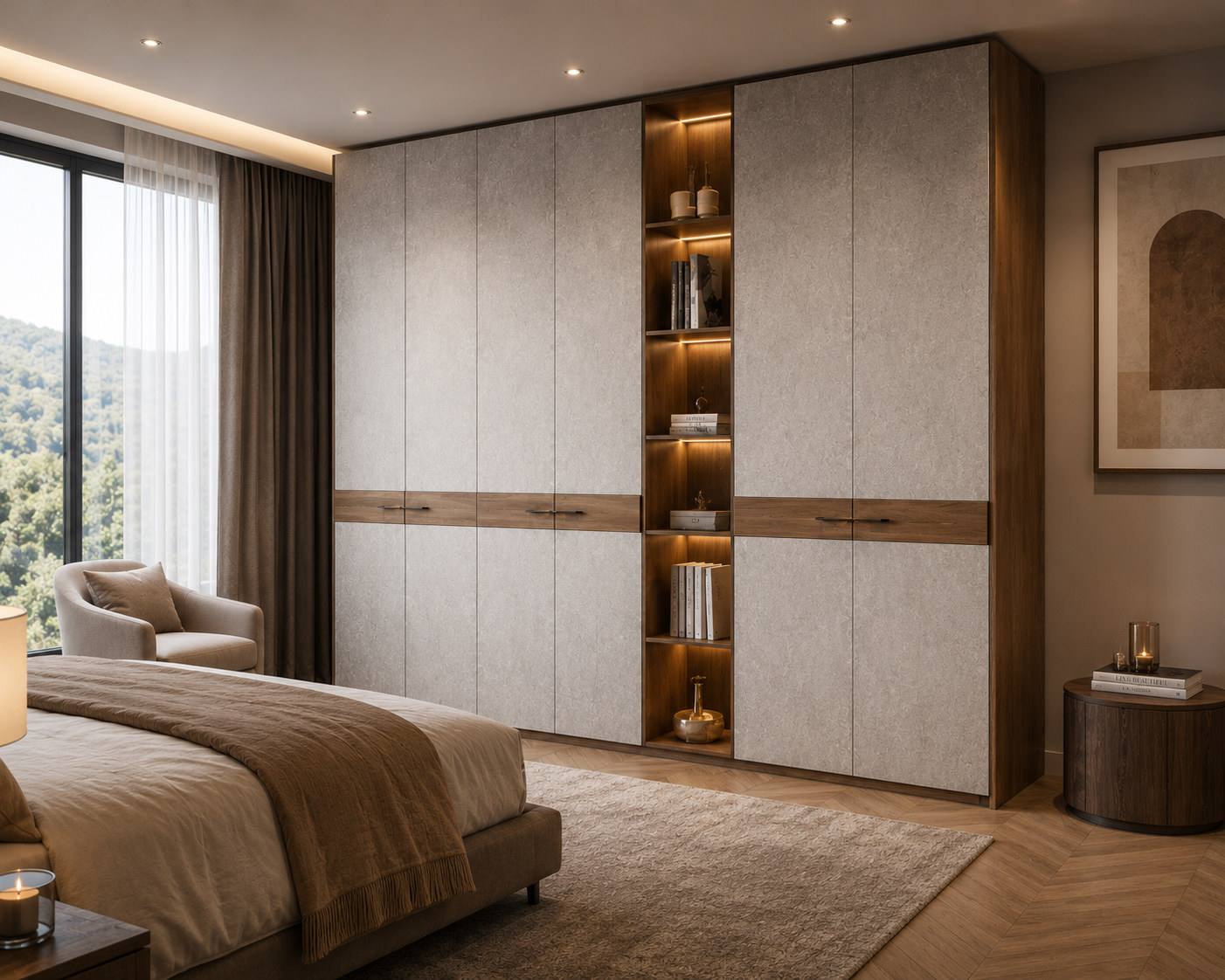 Stone ceramic wardrobe with walnut mid-band
